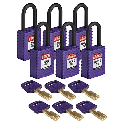 gws150350 - Замки SafeKey нейлоновые с пластиковой дужкой, высота дужки – 38 мм, диаметр дужки – 6.4 мм, нейлоновый корпус, размеры корпуса – 46х38х19 мм, цвет – фиолетовый, 6 шт/упак