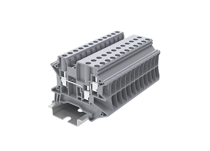 Проходная клемма TU4-3-GY - Проходная клемма, 3 точки подключения, тип фиксации провода: винтовой, номинальное сечение: 4 мм кв., 32A, 1000V, ширина: 6,2 мм, цвет: серый, тип монтажа: DIN 35