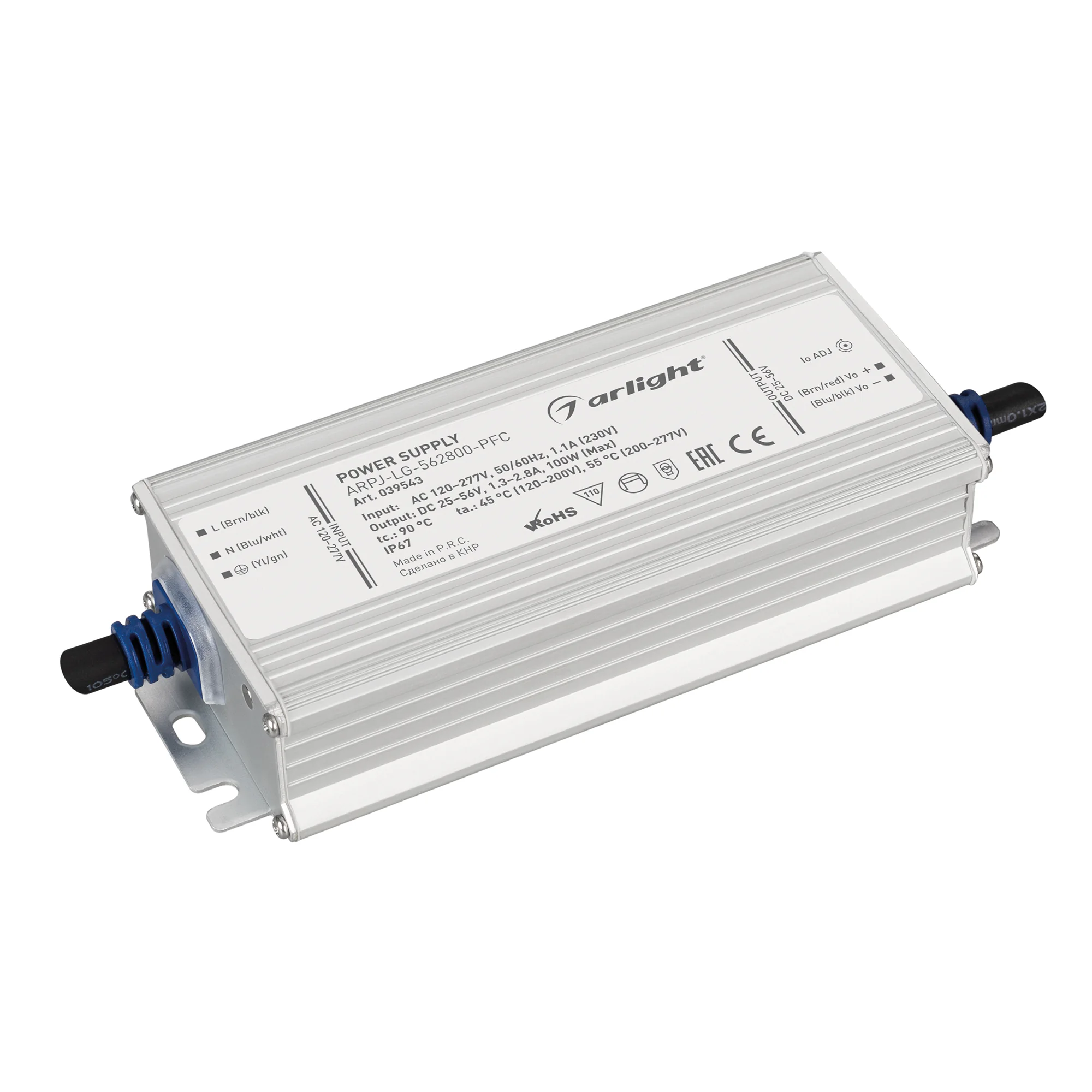 Блок питания ARPJ-LG-562800-PFC (100W, 25-56V, 1.3-2.8A) 039543 - Источник тока с гальванической развязкой для светильников и мощных светодиодов. Входное напряжение 120-277 VAC. Выходные параметры: 25-56 В, 1300-2800mА (регулировка встроенным потенциометр