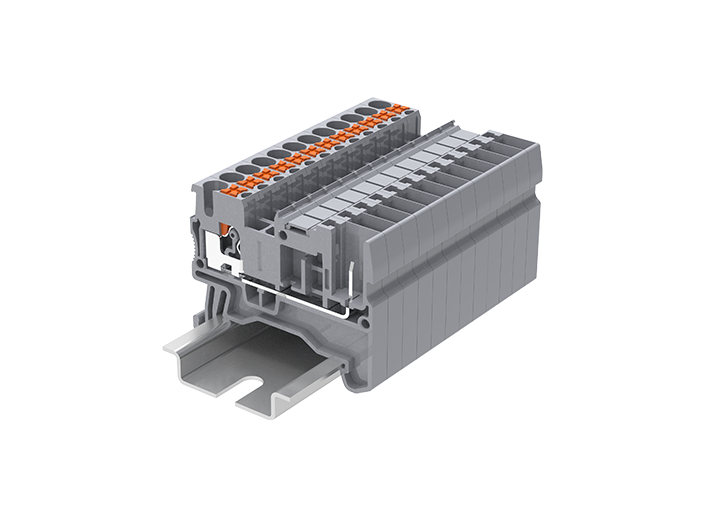 Проходная клемма TP2.5-2-1-GY - Проходная клемма, для подключения разъема, тип фиксации провода: push-in, номинальное сечение: 2,5 мм кв., 24A, 500V, ширина: 5,2 мм, цвет: серый, тип монтажа: DIN 35