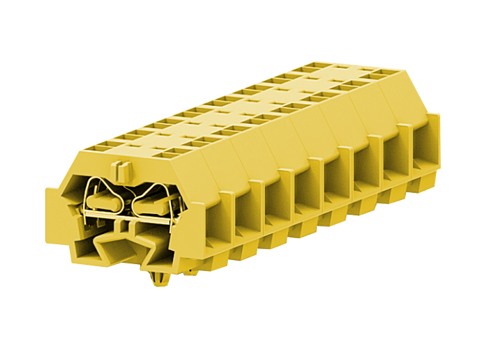 Клемма мини 242345 - Мини клемма, боковой подвод кабеля, 4 точки подключения в клемме, тип фиксации провода: пружинный, номинальное сечение: 4 мм кв., 24A, 630V, цвет: желтый, тип монтажа: защелки в панель