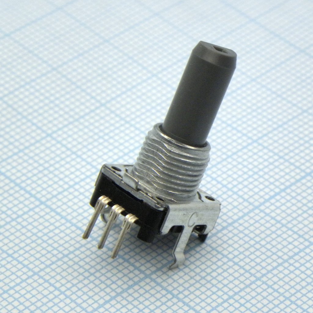 EC12E1220813 - Энкодер EC12 12 щелчков, 12 импульсов, пластмассовый вал с лыской 20мм, крепление на гайку 9мм, горизонтальные выводы