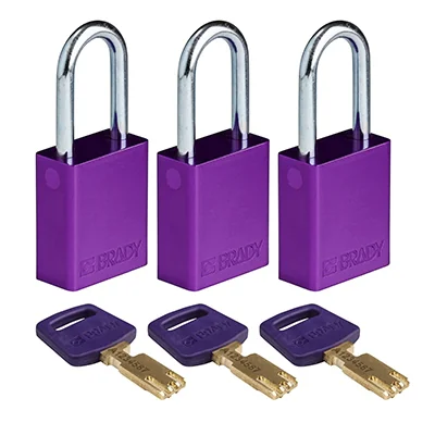 gws150348 - Замки SafeKey алюминиевые со стальной дужкой, высота дужки – 38 мм, диаметр дужки – 6.4 мм, алюминиевый корпус, размеры корпуса – 46х38х19 мм, система "Одинаковые ключи", цвет – фиолетовый, 3 шт/упак