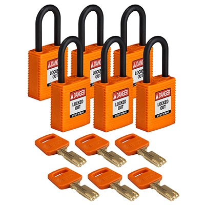 gws150310 - Замки SafeKey нейлоновые с пластиковой дужкой, высота дужки – 38 мм, диаметр дужки – 6.4 мм, нейлоновый корпус, размеры корпуса – 46х38х19 мм, цвет – оранжевый, 6 шт/упак