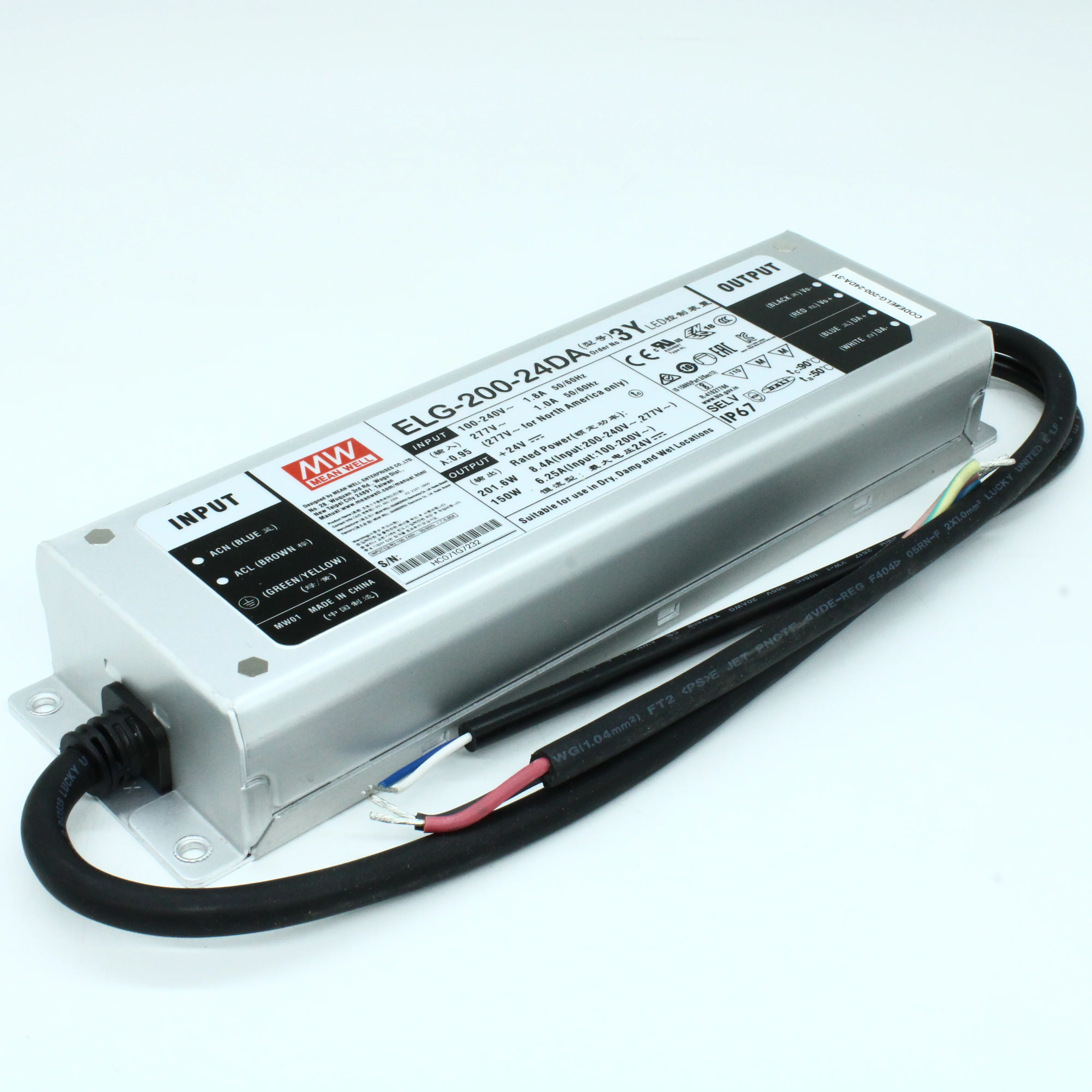 ELG-200-24DA-3Y - AC-DC, 201.6Вт, IP67, вход 100…305В AC, 47…63Гц/142…431В DC, ККМ, выход 12...24В/8.4А, изоляция 3750В AC, в кожухе 244х71х37.5мм, -40…+85°С (корпус), DALI димминг, с проводом заземления