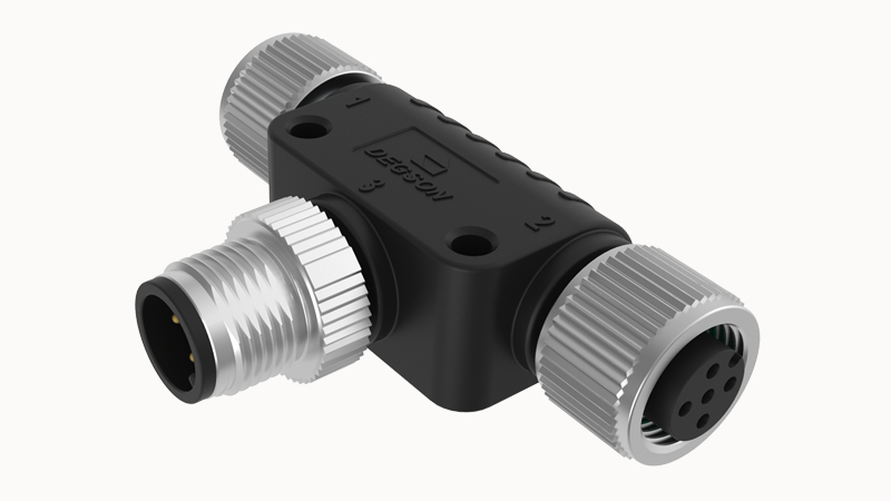 Распред. устройство FT-M12A-04M-M12A-04F-Q-0200 - Распределительное устройство, T-образное, 4 полюса, 1 вход (вилка) / 2 выхода (розетка), M12, A-Code, 4A, 250V, пластик