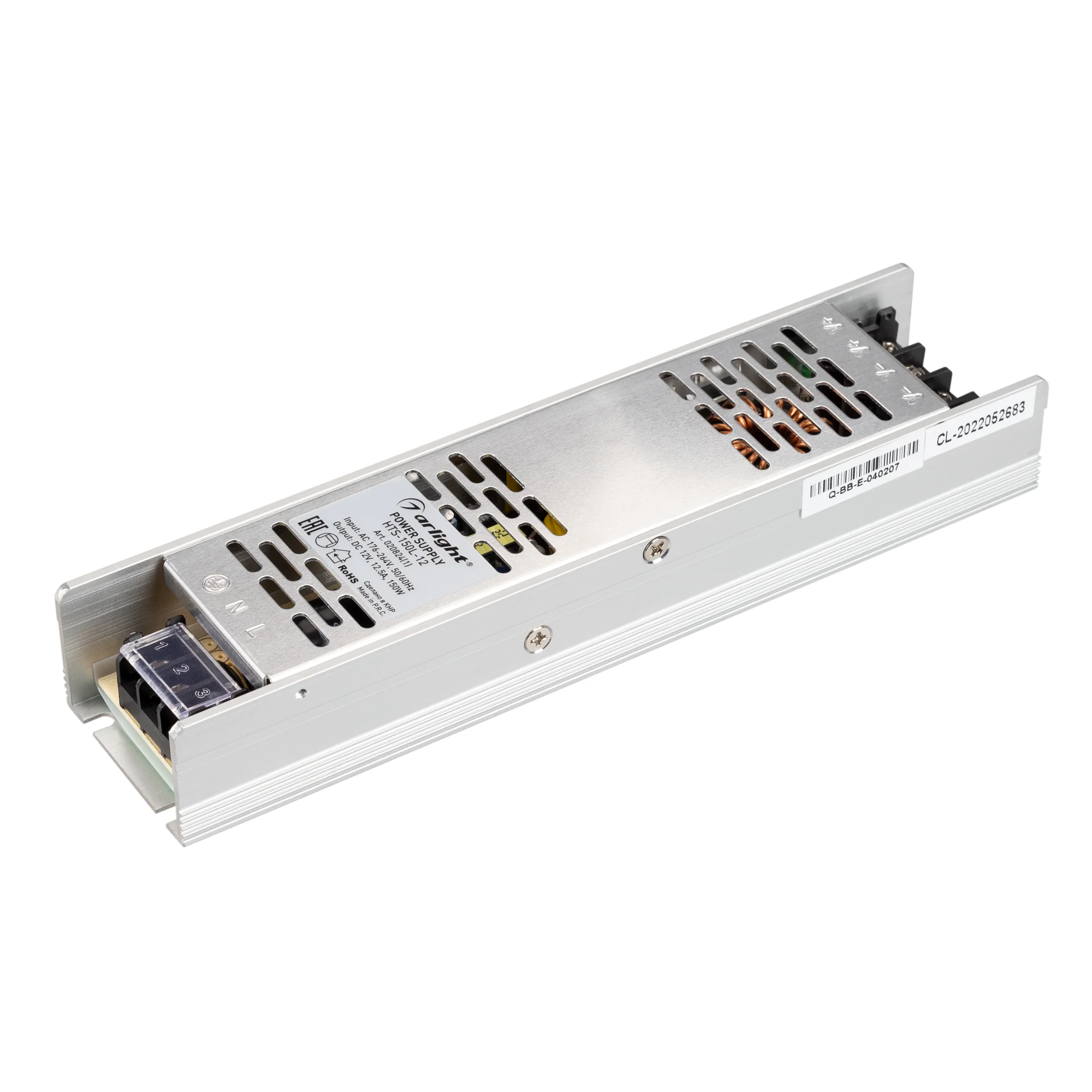 Блок питания HTS-150L-12 (12V, 12.5A, 150W) 020824(1) - Источник напряжения с гальванической развязкой для светодиодных изделий. Входное напряжение 176-264 VAC. Выходные параметры: 12 В, 12.5 А, 150 Вт. Встроенный PFC >0,5. Негерметичный алюминиевый сетча