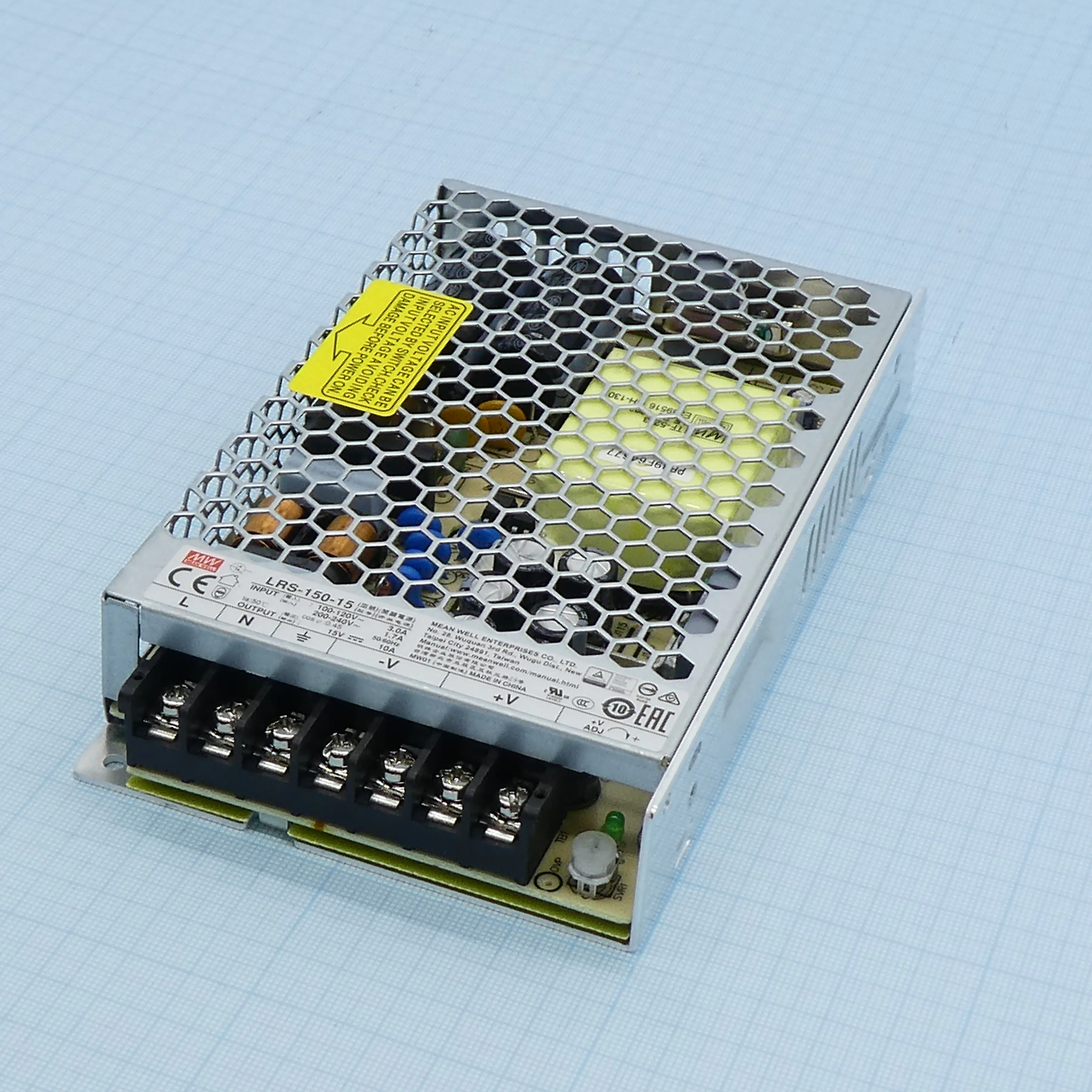 LRS-150-15 - AC-DC, 150Вт, вход 85…264В AC, 47…63Гц, выход 15В/10A, рег. вых ±10%, изоляция 4000В AC, в кожухе 159х97х30мм, -30…+70°С