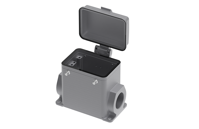 Закрытое основание разъема S32A-SM-4B-2PG29-PC - Основание разъема на панель, закрытое, типоразмер 32A, без уплотнителя, 2 отверстия с резьбой для кабельных вводов PG29, без защелок (упоры для двух защелок), с защитной крышкой, материал корпуса: алюминиев