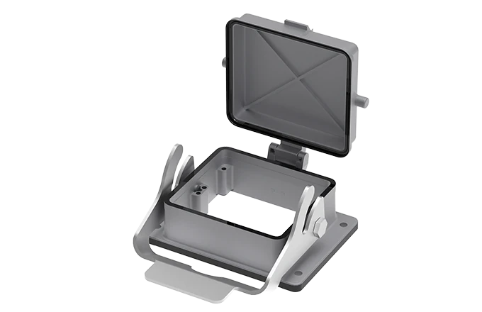 Открытое основание разъема S32B-BM-1L.M-PC - Основание разъема на панель, открытое, типоразмер 32B, с уплотнителем, с одной защелкой, с защитной крышкой, материал корпуса: алюминиевый сплав