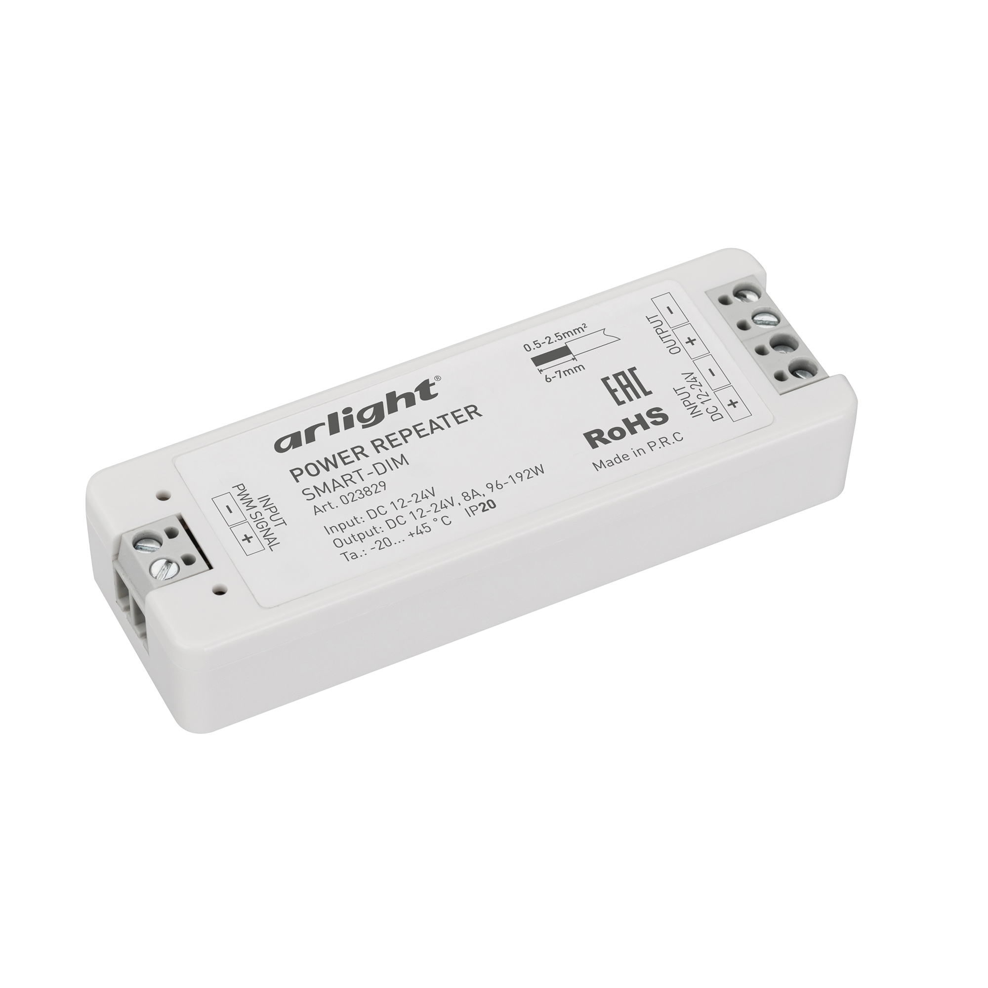 Усилитель SMART-DIM (12-24V, 1x8A) 023829 - Одноканальный усилитель для диммеров (12-24VDC). Питание 12-24VDC. 1 канал, ток нагрузки 1x8A, мощность нагрузки 96-192W. Размер 97x33x18 мм.