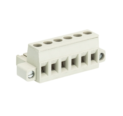 Розетка Wiecon 8213 B / 6 F OB - Розеточный разъем, угловой, на кабель, с монтажными фланцами, шаг 5,08 мм, 6 полюсов, номинальное сечение: 2,5 мм кв., винтовая фиксация провода, 400V, 12А, без маркировки, цвет: серый, серия 8213 F OB