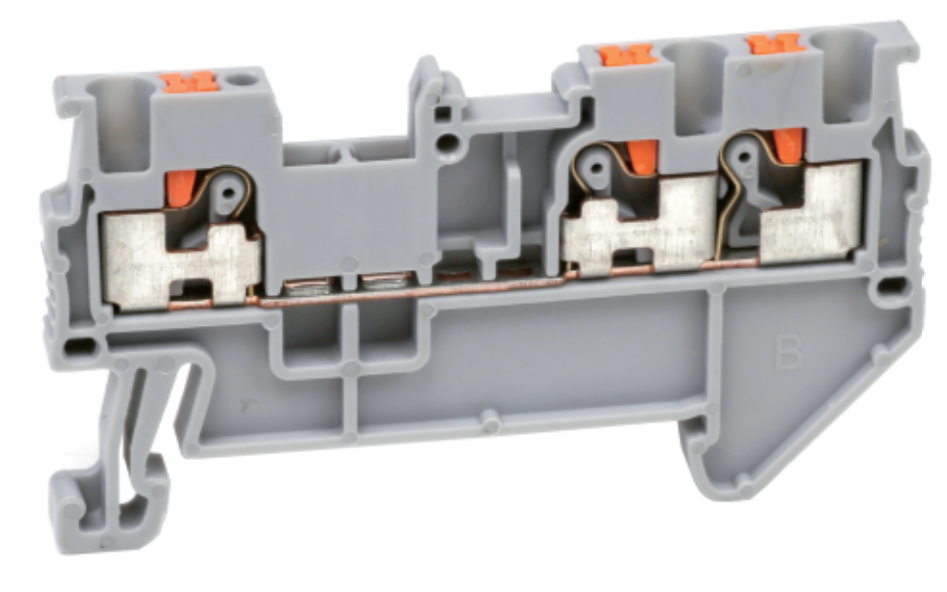 Проходная клемма UJ6-2.5/1X2 - Проходная клемма, 3 точки подключения в клемме, тип фиксации провода: push-in, номинальное сечение: 2,5 мм кв., 24A, 800V, ширина: 5,2 мм, цвет: серый, тип монтажа: DIN 35