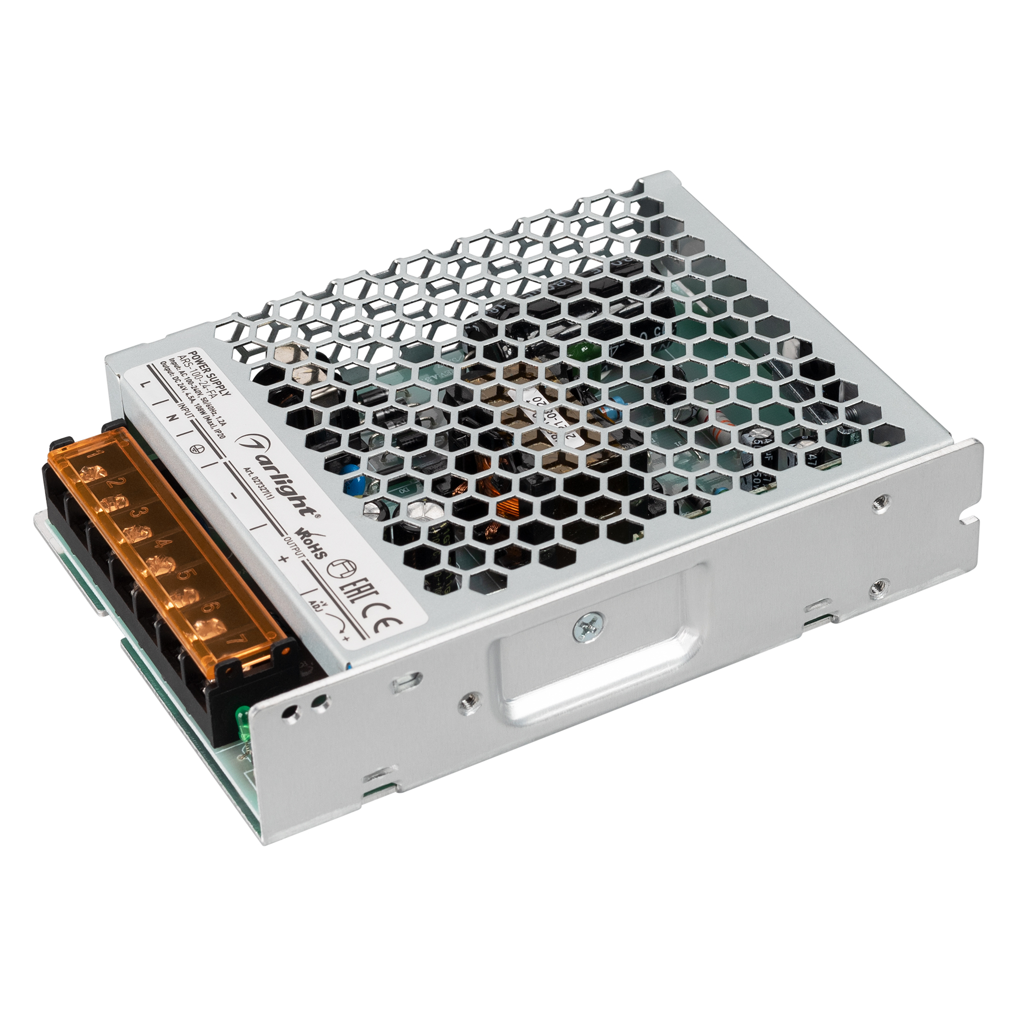 Блок питания ARS-100-24-FA (24V, 4.5A, 108W) 027327(1) - Источник напряжения с гальванической развязкой для светодиодных изделий. Входное напряжение 100-240 VAC. Выходные параметры: 24 В, 4,5 А, 108 Вт. Встроенный PFC >0,5. Негерметичный алюминиевый сетча