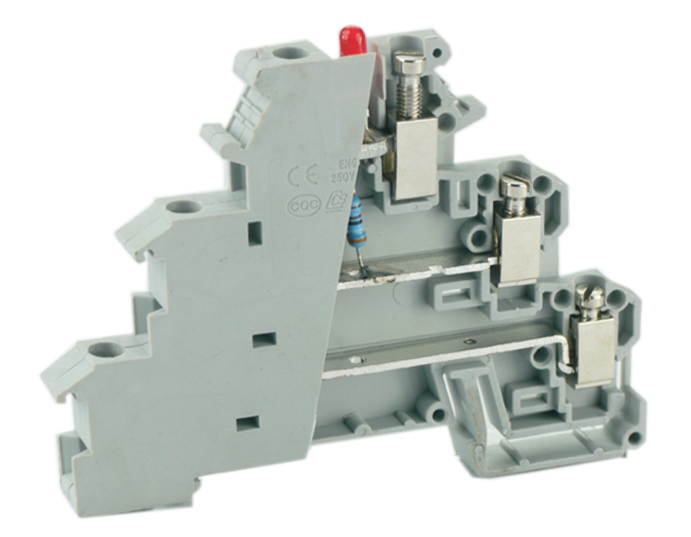 Трехуровневая клемма UKJ-DKD1.5 GN/O-U - Этажная клемма, 3 этажа, тип фиксации провода: винтовой, номинальное сечение: 1,5 мм кв., 8A, 250V, ширина: 6,2 мм, цвет: серый тип монтажа: