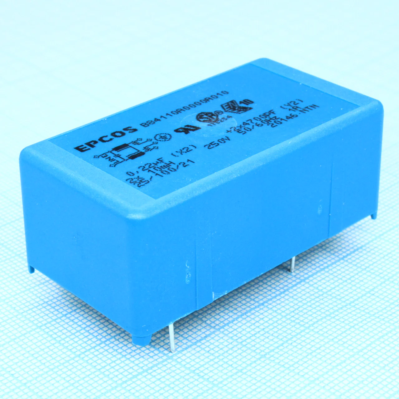 B84110A0000A010 - Сетевой фильтр 2x1A/250V, 2х10 мГн, 0.22 мкФ (X2), 2х4700 пФ (Y2), 56х30x23 мм, монтаж в плату
