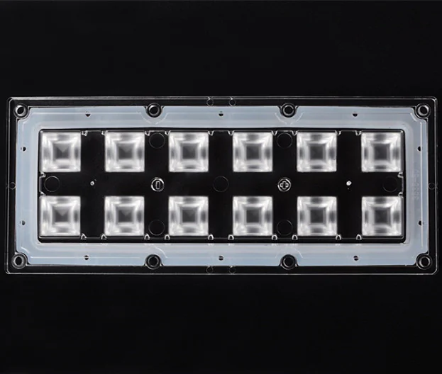 ALHB173D12LED90G - Групповая прямоугольная линза 2x6 на 12 светодиодов 3030/3535/5050, эфф=93%, 90°(квадрат), 173x71.4mm   H:11,4mm, PMMA
