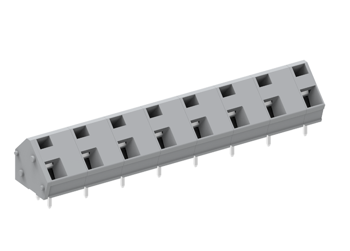 Розеточный разъем на плату 256908 - Клемма, подвод кабеля 45 град., на плату, шаг: 10.0 мм, 8 полюсов, фиксация провода пружинная, исполнение: два вывода на контакт, 1000V, 24A, цвет: серый