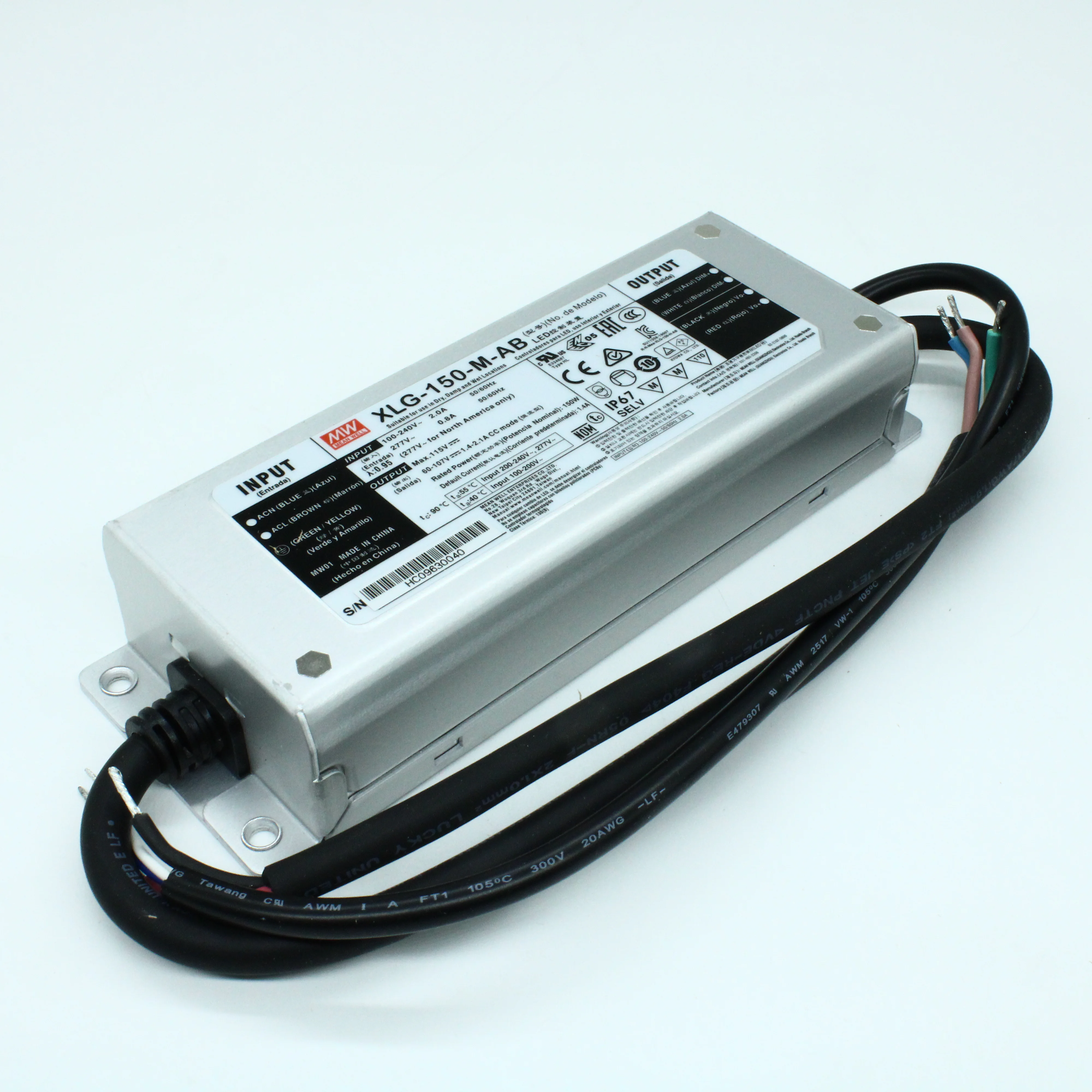 XLG-150-M-AB - AC-DC, 150Вт, стабилизатор тока, IP67, вход 90…305В AC, 47…63Гц, ККМ, выход 1400…2100мА/60…107В (режим пост. мощности), изоляция 3750В AC, в кожухе 180х63х35.5мм, -40…+90°С (корпус), встр. потенциометр, димминг 3 в 1