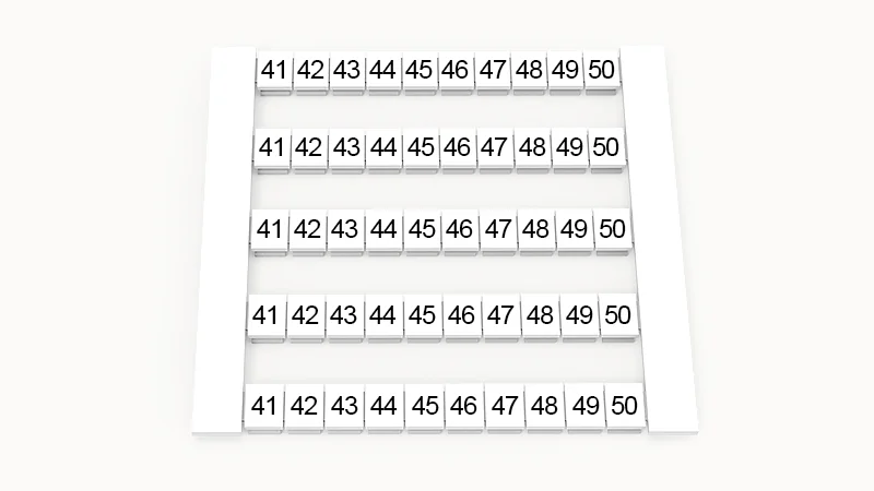 Марк. кассета DEK6-50P-19-22Z(H) - Кассета с шильдиками для клемм WS…, сечением 4 мм кв., боковая, 50 шильдиков, нанесенные символы: 41-50, 5 полосок, с вертикальным расположением, размер шильдика: 5,8х5,5 мм, цвет белый