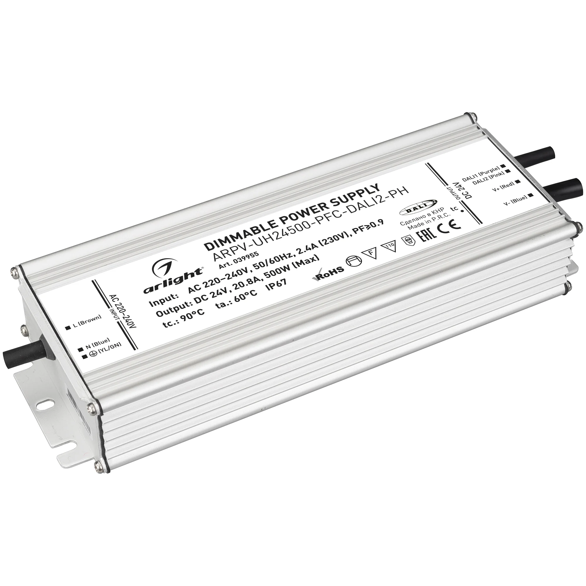 Блок питания ARPV-UH24500-PFC-DALI2-PH (24V, 20.8A, 500W) 039955 - Диммируемый источник напряжения по протоколу DALI2.0 с гальванической развязкой для светодиодных изделий. Входное напряжение 220-240 VAC. Выходные параметры: 24 В, 20.8 А, 500 Вт. Встроенн