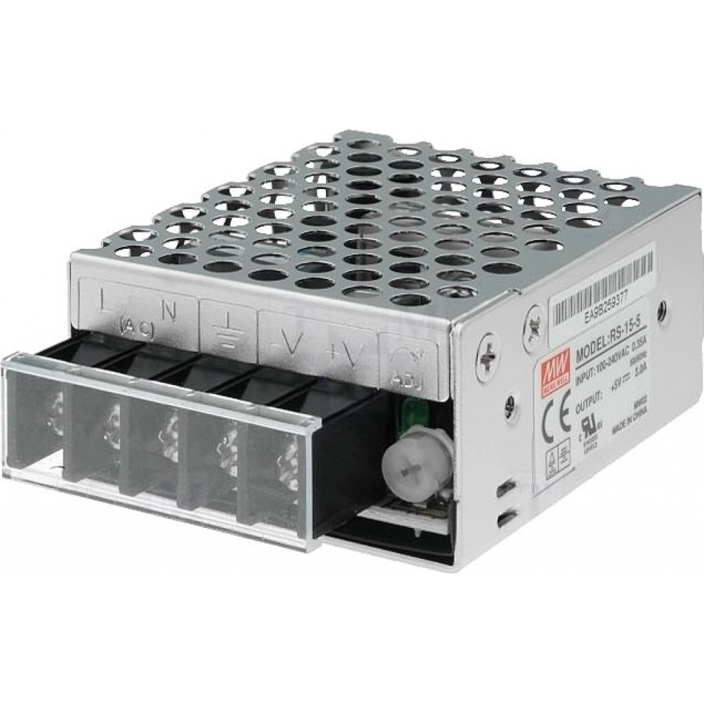 RS-15-12 - AC-DC, 15Вт, выход 12В/1.3A, рег. вых 10.8…13.2 В , вход 88…264В AC, 47…63Гц / 125…373 В DC,  изоляция 3000В AC, в кожухе 62,5х51х28мм, -20…+70°С
