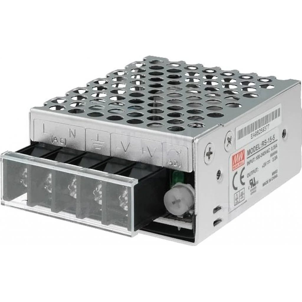 RS-15-12 - AC-DC, 15Вт, выход 12В/1.3A, рег. вых 10.8…13.2 В , вход 88…264В AC, 47…63Гц / 125…373 В DC,  изоляция 3000В AC, в кожухе 62,5х51х28мм, -20…+70°С