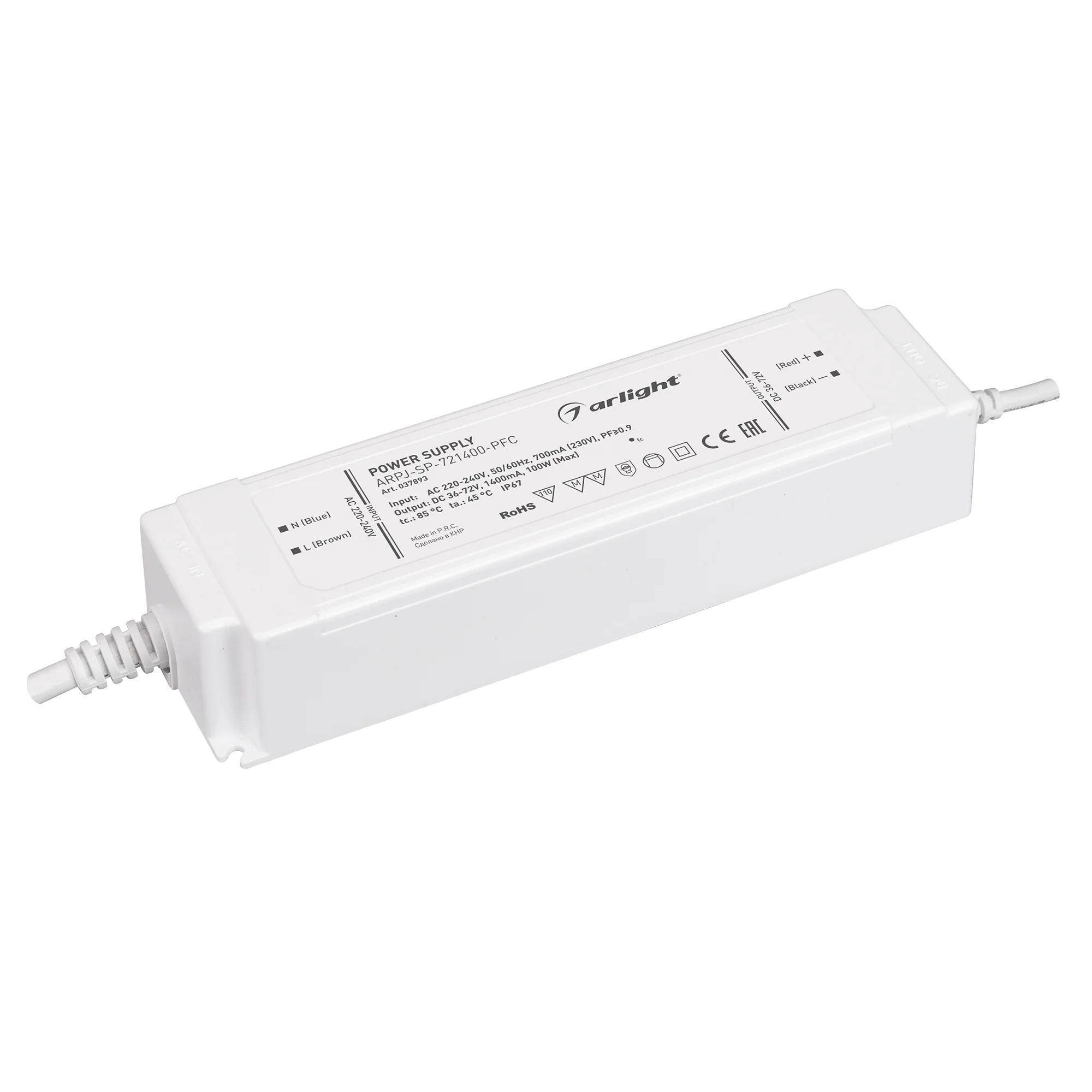 Блок питания ARPJ-SP-721400-PFC (100W, 36-72V, 1.4A) 037893 - Источник тока с гальванической развязкой для светильников и мощных светодиодов. Входное напряжение 220-240 VAC. Выходные параметры: 36-72 В, 1400 mА, 100 Вт. Встроенный PFC >0.9. Герметичный пл