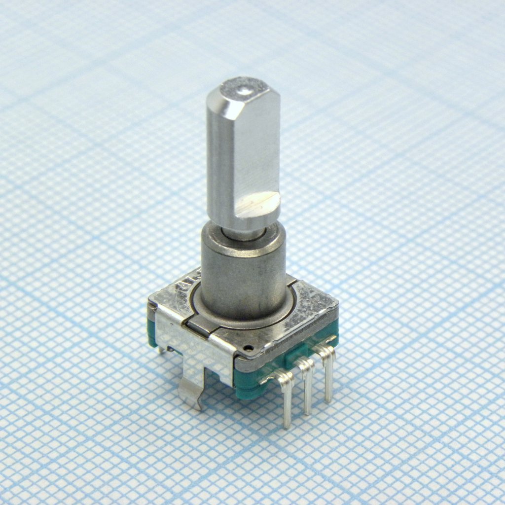 EC11E09244AQ - Энкодер EC11, 18 щелчков, 9 импульсов, металлический вал с лыской 20мм, с кнопкой, длина хода кнопки 1,5мм, вертикальный