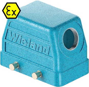 Крышка разъема Ex 70.350.1036.1 - Крышка разъема на кабель, типоразмер 10B, взрывозащищита, без уплотнителя, 1 отверстие с резьбой для кабельных вводов M20x1,5, с боковым расположением, без защелок (упоры для двух защелок), материал корпуса: цинковый спла