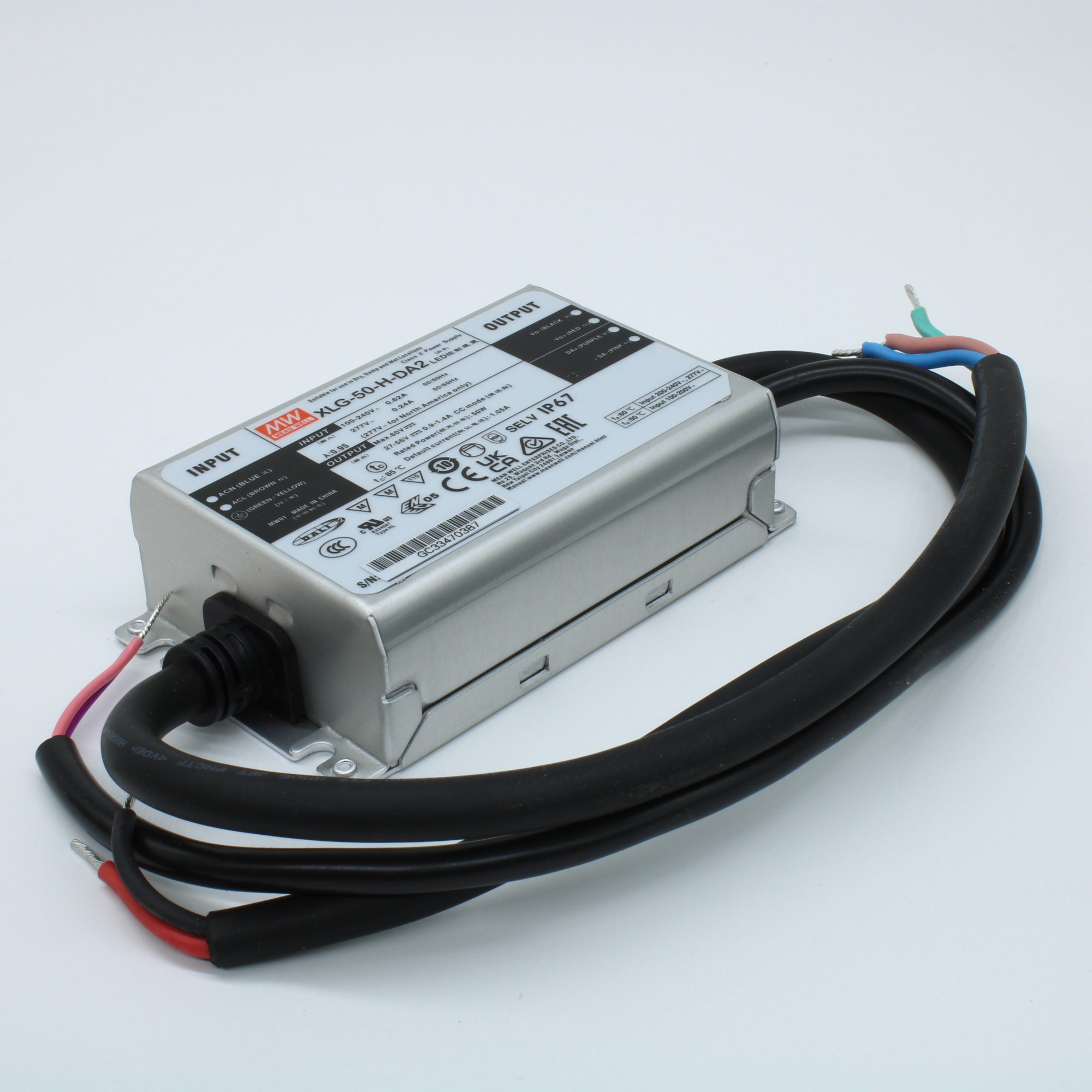 XLG-50-H-DA2 - AC-DC, 50Вт, вход 90…305В AC, 47…63Гц/127…431В DC, выход 27…56В/1050мА, рег. вых 500…1400мА, изоляция 3750В AC, в корпусе 105х63х30мм, -40…+85°С, DALI-2 димминг