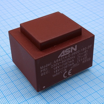 AS4214-E-0600-180-DF - Трансформатор питания 6 ВА  230В выход 18В/333.3мА ta 70 C/F (El 42/14.8)26.5мм.