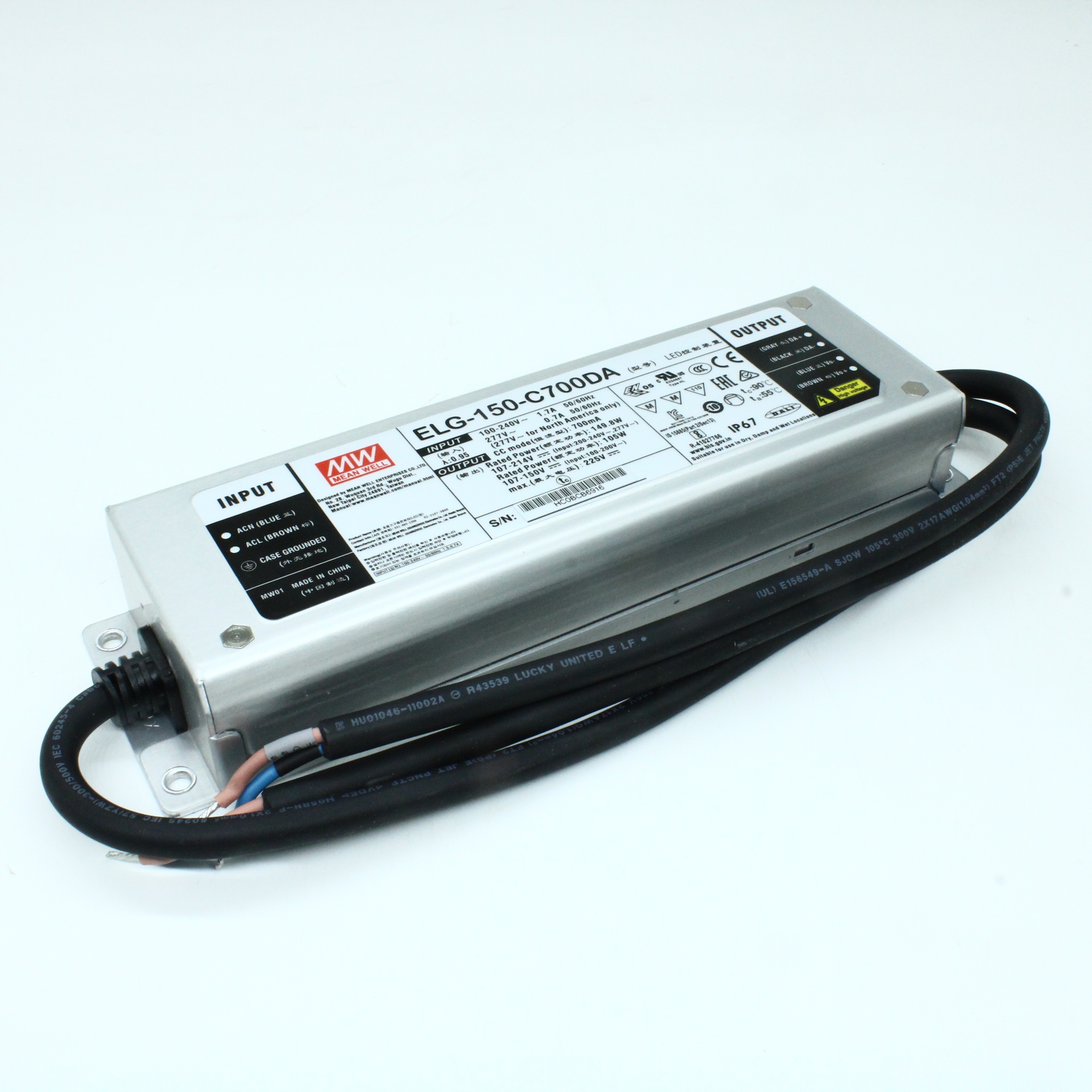 ELG-150-C700DA - AC-DC, 149.8Вт, IP67, вход 100…305В AC, 47…63Гц/142…431В DC, ККМ, выход 107…214В/700мА, DALI-димминг, изоляция 3750В AC, в кожухе 219х63х35.5, -40…+70°С, с проводом заземления