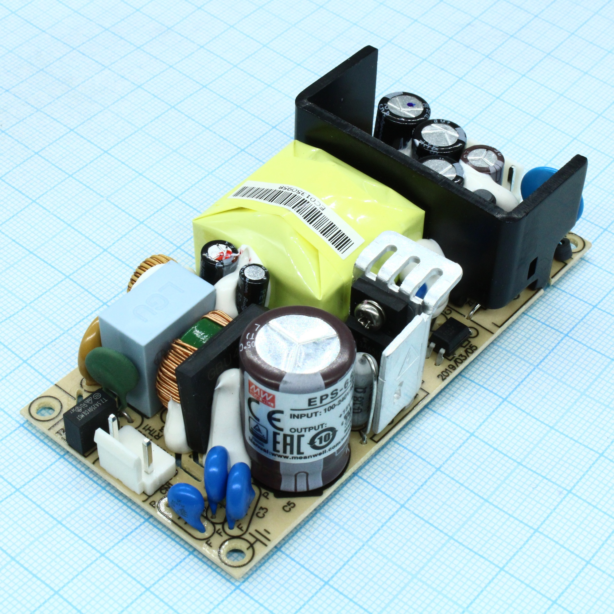 EPS-65-15 - AC-DC, 65.1Вт, вход 85…264V AC, 47…63Гц /120…370В DC, выход 15В/4.34A, рег. вых 13.5…16.5В, изоляция 3000В AC, открытая плата 101.6х50.8х29мм, -30…+70°С