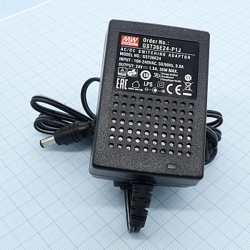 GST36E24-P1J - AC-DC, 36Вт, вход 85...264B AC 47...63 Гц,, выход 24B/1.5A, изоляция 3000В AC, 79x54x33мм, -30...+70°С, выходной разъем 11, диам. 5.5х2.1мм