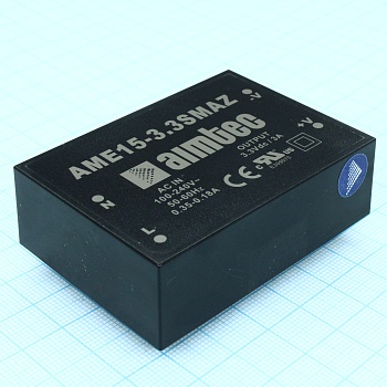 AME15-3.3SMAZ - AC/DC, 15Вт, вход 90…264В, выход 3.3В/3А, изоляция 4000В AC, КПД 73%, максимальная емкостная нагрузка не более 4700мкФ, 65x46.5x20.1мм, -40…85°C, пластик