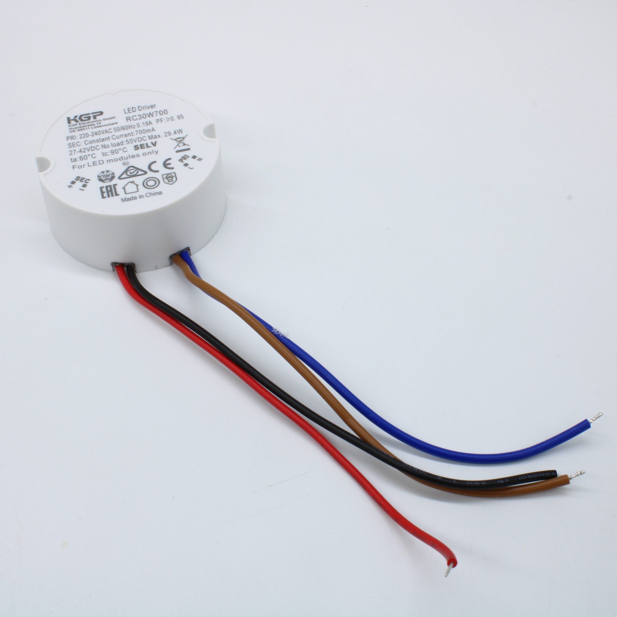 RC30W700 - AC-DC, 30Вт, токовый выход, вход 198…264В AC, выход 700мА/27…42В, ККМ, в кожухе Ф57х25,5 мм, -20…+60°С