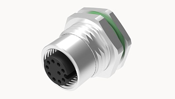Розеточный разъем SD-M12D-04P-FF-SF8002 - Розеточный разъем в панель, 4 полюса, M12, гайка спереди, фиксация провода пайкой, D-Code, 4А, 250V, M16*1.5, металл
