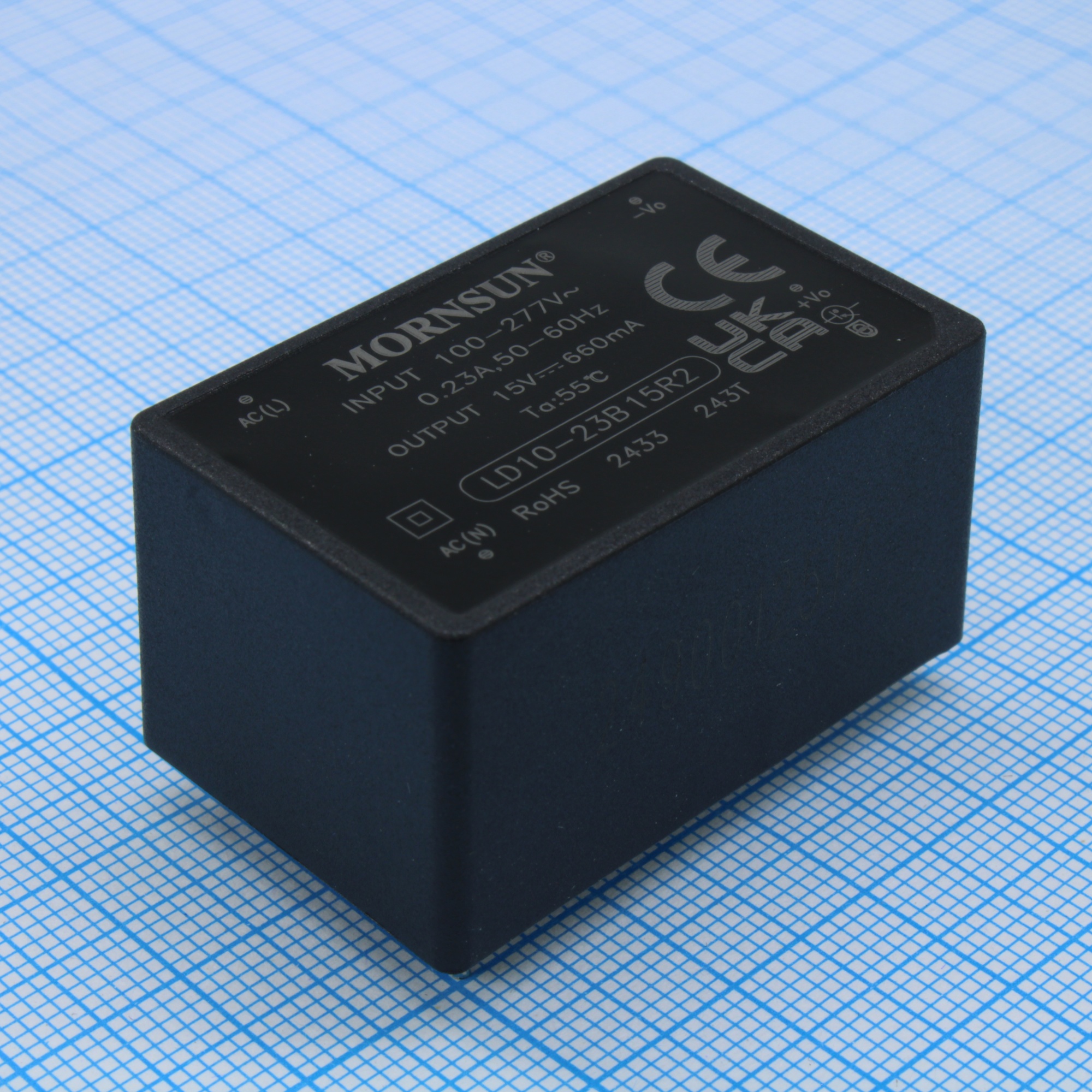 LD10-23B15R2 - AC-DC, 10Вт, вход 85…305В AC 47…63 Гц, 100…430B DC, выход 15В/0.66А, изоляция 4000В AC, КПД 84%, в корпусе на плату 40х25.4х21мм, -40...+85°C