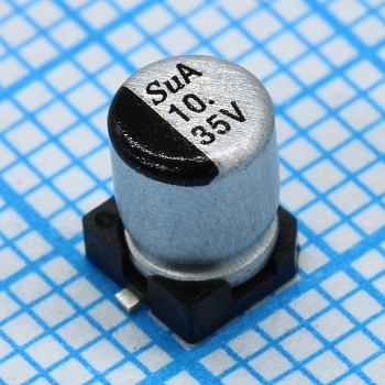 TS13CA1V100MBT000R - SMD Конденсатор алюминиевый электролитический 35В, 10мкФ ±20%, размер 4 X 5.8мм, 1.45 Ом, 80мА, 2000ч, 105С