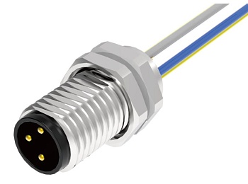 Вилочный разъем в панель M8A03C-MRHB-UC0.5 - Вилочный разъем в панель, 3 полюса, M8, гайка спереди, с проводом 0,5 метра, A-Code, 3А, 60V, резьба на гайке M8*1.0, резьбовое соединение: латунь неэкранированный