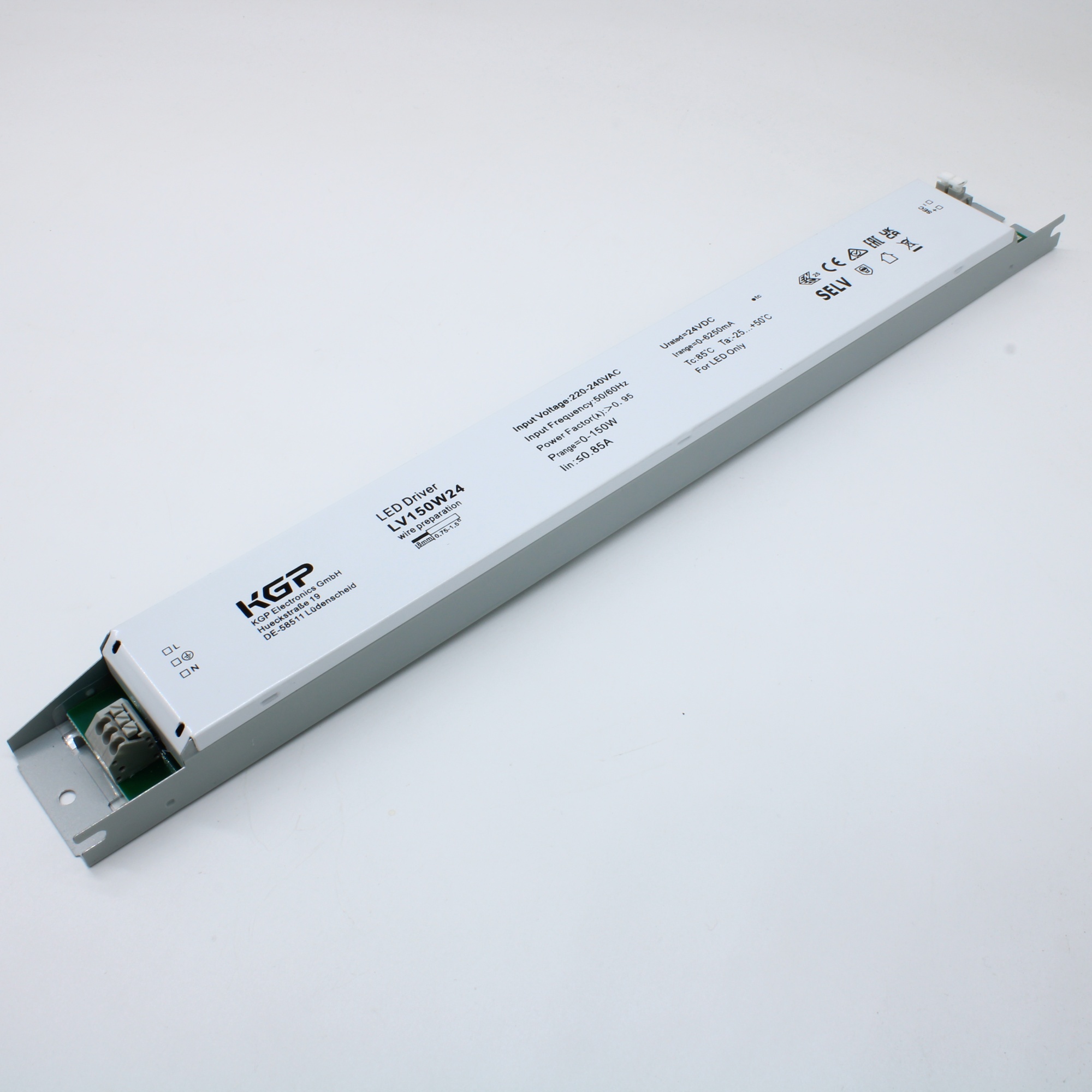 LV150W24 - AC-DC, 150Вт, IP20, вход 176…264В AC/170-275VDC, выход 24В/6,25А, ККМ (PF?0.95), изоляция 1кВ, пластиковый корпус 360*40*21mm, -25…+50°С