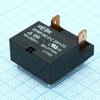 201WP-1AC-F-C 24VDC - Реле, пайка в плату+ контакты 4.8 мм. Упр.: 24VDC, Потр. мощн.: 0.4W. Комм.:NO/NC 12А/8A 240VAC, конт.: 1 открытый, размер (LxWxH) мм: 25.1 х 22.2 х 11.0