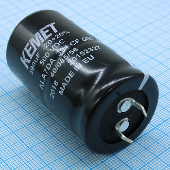 ALA7DA391CF500 - Конденсатор алюминиевый  электролитический 390мкФ 500В ±20% (30 X 55мм) защелкиваемые выводы 10мм, 0.636Ом, 2100мА, 13000ч, 85°С россыпь