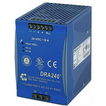 DRA240-24A - Преобразователь AC-DC на DIN-рейку  240Вт, выход 24В/10A, вход 93…264VAC(Автовыбор), 47…63Гц / 210…370VDC, изоляция 3000V AC, : 124.5х83.5х123.6мм, винтовые клеммы, -40…+71°С