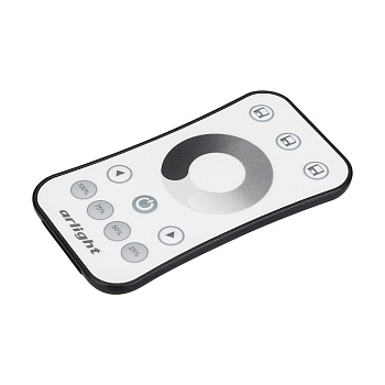 Пульт SMART-R9-DIM (1 зона, 2.4G) 023032 - Кнопочный радиопульт с сенсорным кольцом 2.4 ГГц белого цвета для управления одноцветным (DIM) источником света. 1 зона управления, управление яркостью с помощью сенсорного кольца. Питание 3VDC (CR2032). Габариты