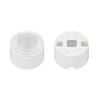 Линза ARL-PM585-U45-D20xH12-HW 032888 - Одиночная линза со съемным холдером белого цвета для светодиодов SMD: 2525, 2835, 3030, 3535, 5050. Угол обзора: вертикальный 45°, прозрачная микропризма. Материал PMMA. Диаметр 19.5 мм, высота 11.76 мм.