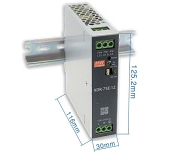 XDR-75E-12 - Преобразователь AC-DC на DIN-рейку 75Вт, выход 12В/6.3A, рег. вых 12…15В, вход 85…264В AC, 47…63Гц /120…370В DC, DC OK, изоляция 4000В AC, 30х125,2х116мм, -40…+70°С