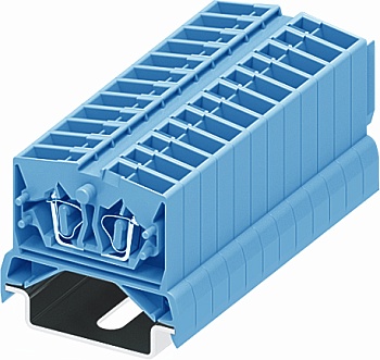 Клемма мини 254374 - Мини клемма, верхний подвод кабеля, 2 точки подключения в клемме, тип фиксации провода: пружинный, номинальное сечение: 2,5 мм кв., 24A, 800V, цвет: синий, тип монтажа: DIN35