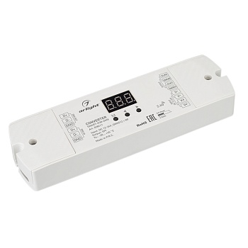 Конвертер SMART-K38-DMX (12-24V, SPI, 2.4G) 028411 - Конвертер сигнала DMX512 в SPI. Вход - DMX512+RF 2.4GHz, выход SPI (TTL), напряжение питания DC 12-24V. Максимально 1024 пикселей. На корпусе цифровой монитор. Габариты 170х50х23 мм. Совместим с пультам